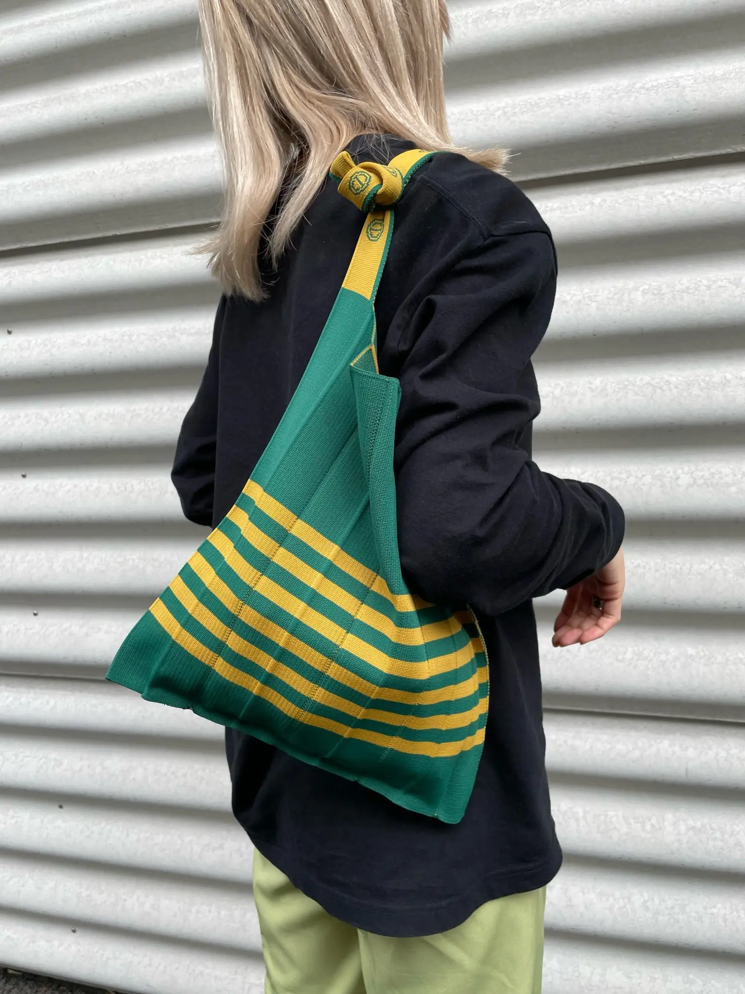 KNT365黃綠色條紋摺疊環保包/ Knitty