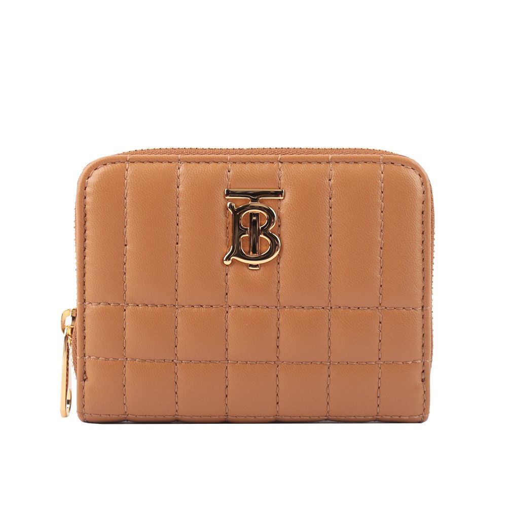 【BURBERRY】Lola 小羊皮縫線設計ㄇ形拉鍊零錢包(楓木棕色)/ 平行輸入