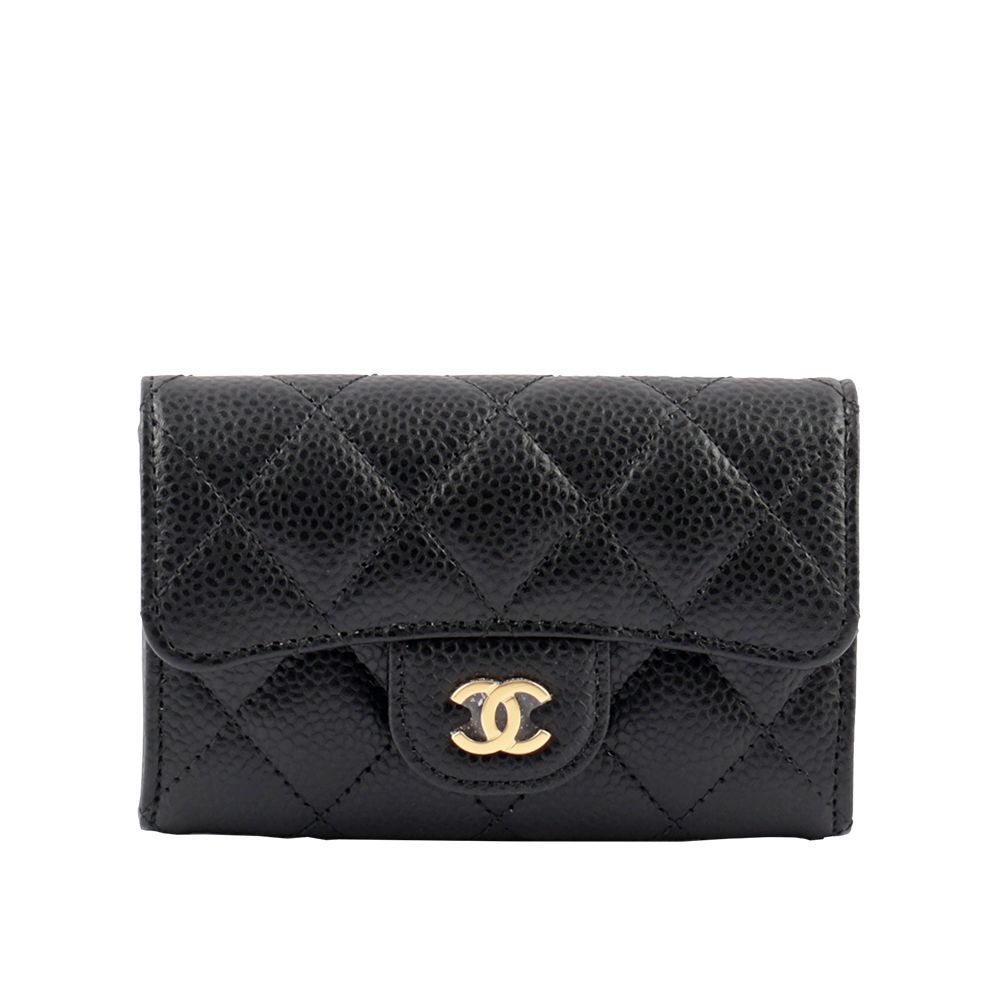 【CHANEL】金色Logo 菱格紋荔枝牛皮翻蓋卡片夾(黑色)/ 平行輸入