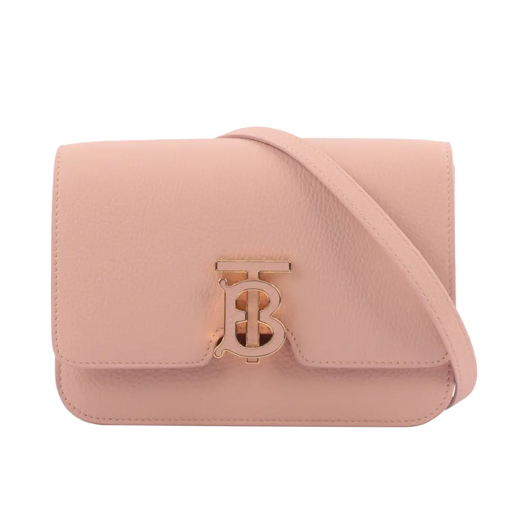 【BURBERRY 巴寶莉】TB Logo 顆粒小牛皮斜背包(小款)(玫瑰粉)/ 平行輸入