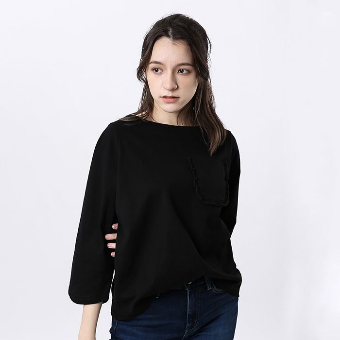 Best Tag 船型領絲光棉七分袖口袋T恤/女 黑 L