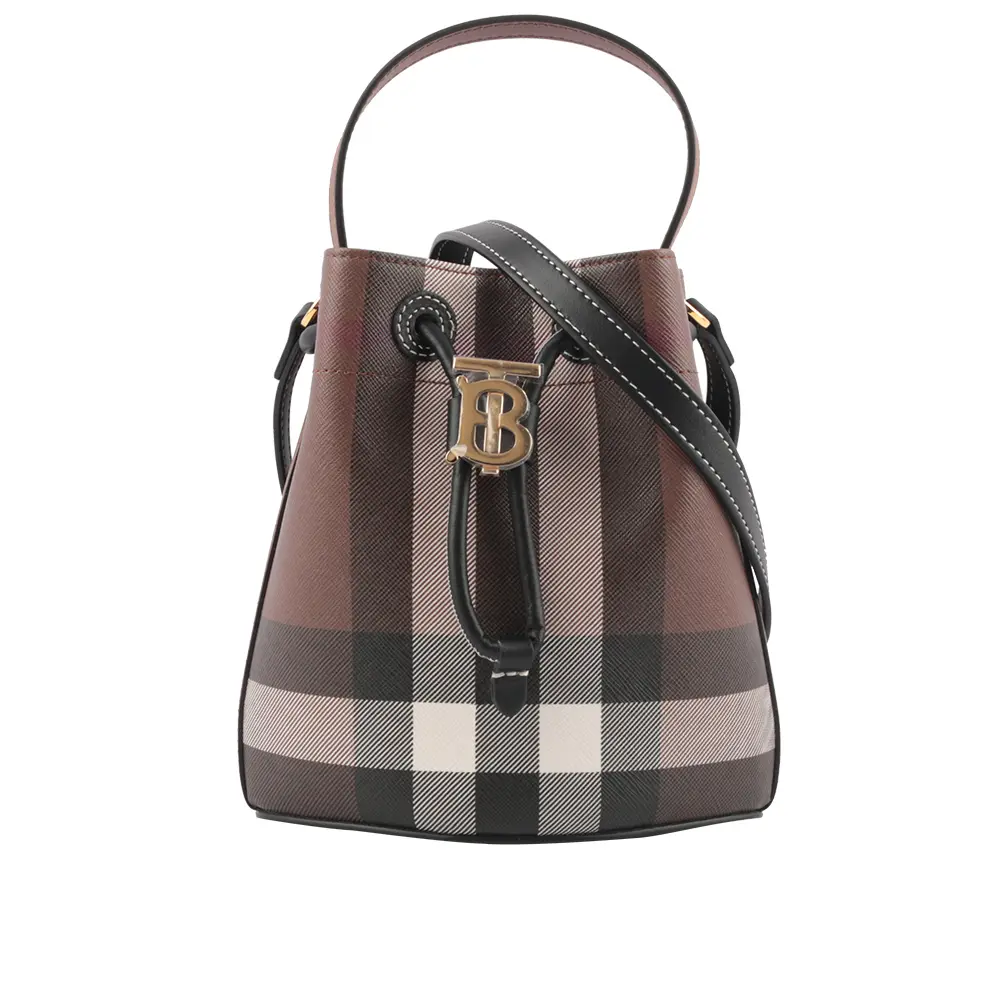 【BURBERRY】TB 格紋帆布拼皮革迷你水桶包(暗樺木棕色)/ 平行輸入